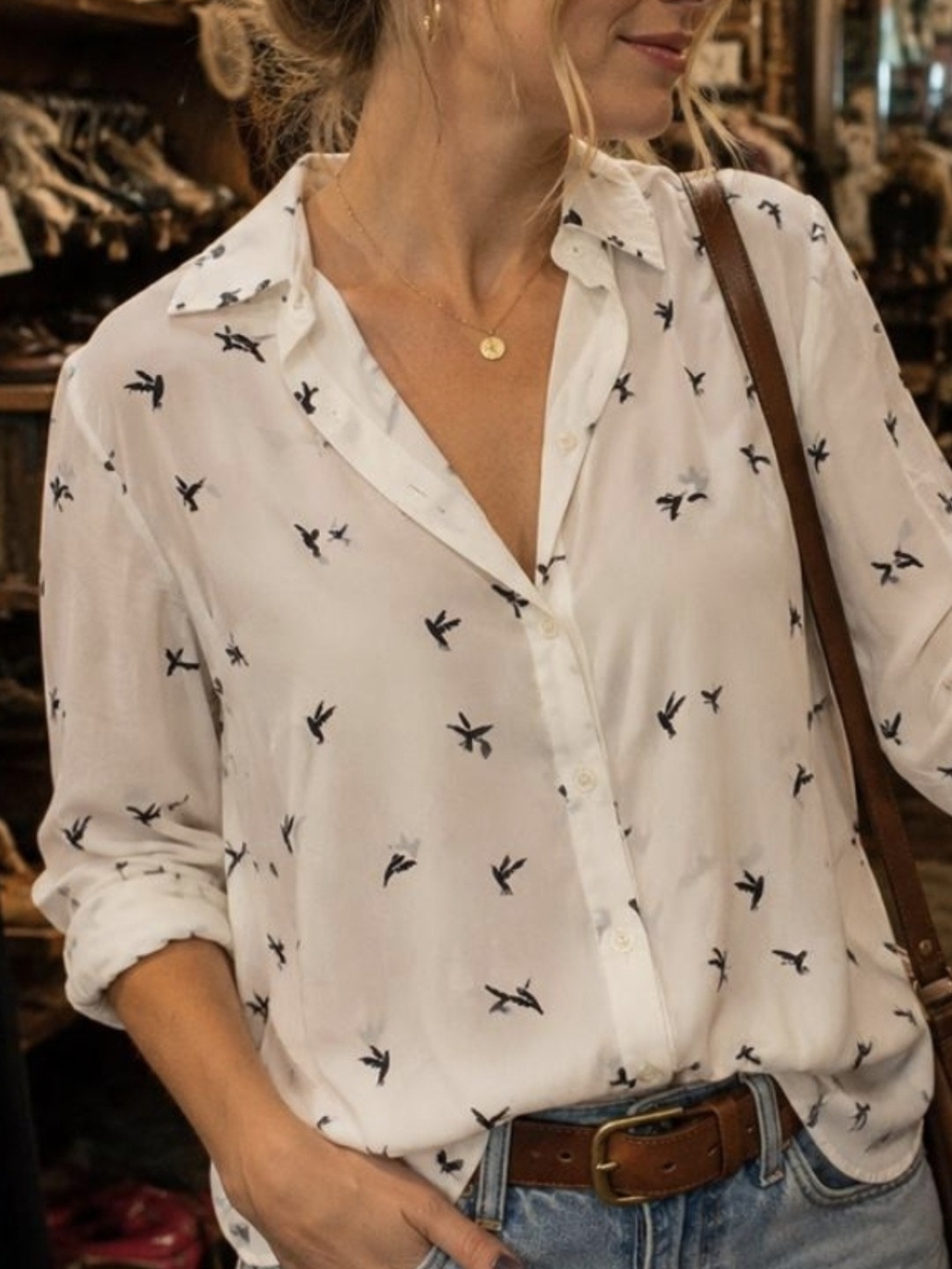 Eden & Olivia White Blouse with Black Bird Print